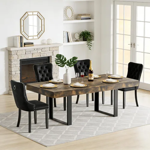 Vista 25 de Juego de mesa de comedor extensible de 5 piezas para 4, mesa de cocina de madera marrón de 63-78.7 pulgadas con 4 sillas acolchadas beige, juego