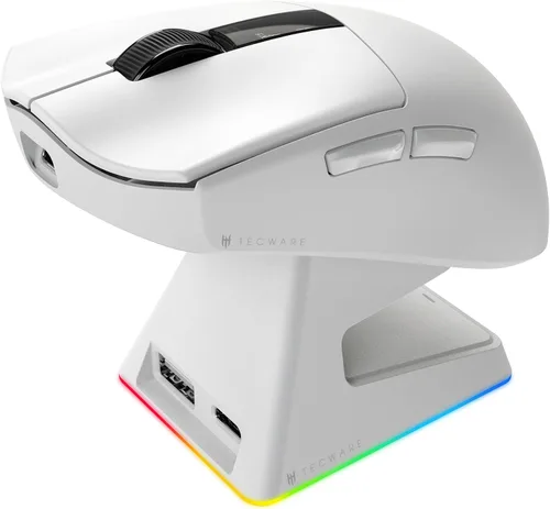 Vista 2 de TECWARE EX1 - Mouse ligero para juegos Mouse inalámbrico de 26 K DPI con pantalla OLED Diseño ultraligero de 2.08 oz Base de carga RGB Blanco