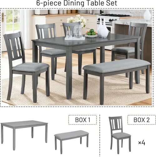 Vista 3 de Elegante juego de mesa de comedor de madera de 6 piezas con 4 sillas de respaldo de listones y un banco, juego de mesa de comedor de cocina para 6
