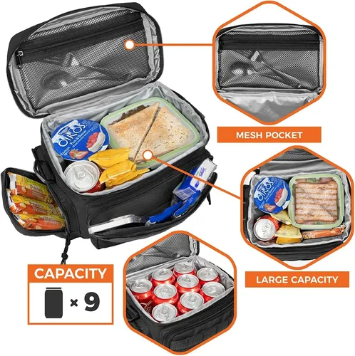 Vista 3 de opux Lonchera táctica para hombres, bolsa de almuerzo aislada negra para hombres adultos, enfriador de almuerzo suave a prueba de fugas