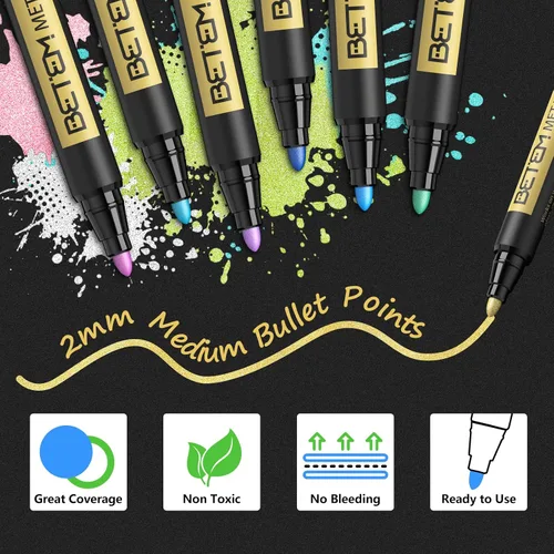 Vista 4 de Betem Marcadores de pintura metálica, marcadores metálicos acrílicos de 26 colores para papel negro, bolígrafos con purpurina de punta media
