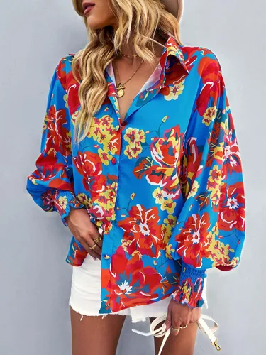 Vista 3 de ANRABESS Blusa de manga larga abombada con estampado floral para mujer cuello abotonado casual holgada ajuste relajado