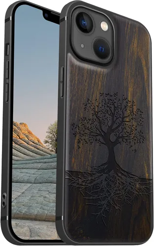Vista 14 de Carveit Funda magnética de madera para iPhone 13 [madera real dura y TPU suave negro] funda protectora de madera única y elegante a prueba de golpes