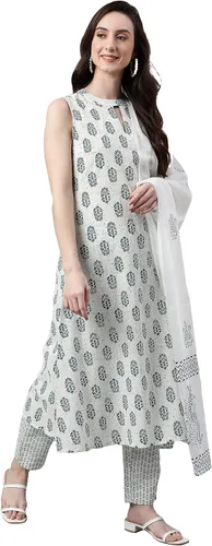 Vista 4 de Janasya Kurta de algodón blanco con estampado floral para mujer india con pantalón y dupatta