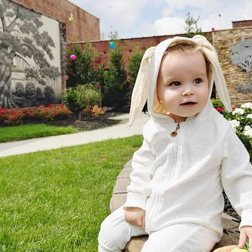 Vista 8 de Simplee Kids Enterizo con diseño de conejo de Pascua con capucha, para bebé, overol con cremallera y orejas largas