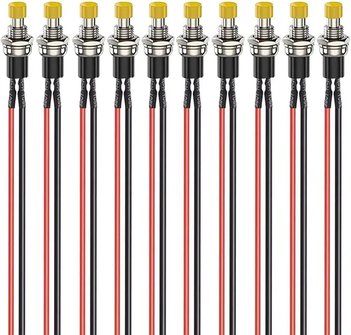 Vista 10 de Gebildet 10 piezas de botón de presión momentáneo mini precableado negro 3V-6V-12V-24V-230V/1A, SPST normalmente abierto ON/Off, botón redondo de 2