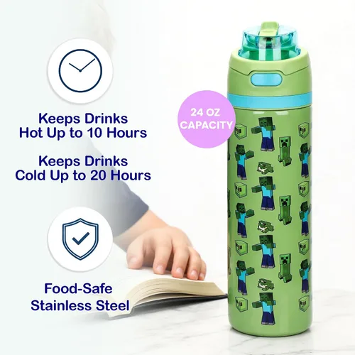 Vista 5 de Bioworld Botella de agua de acero inoxidable de 24 oz Minecraft AOP Verde