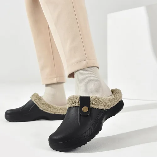 Vista 6 de ChayChax - Pantuflas impermeables para mujeres y hombres, con forro de piel, zapatos de jardín de invierno, pantuflas cálidas para interiores