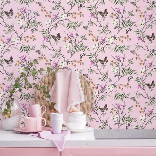 Vista 5 de VEELIKE Papel tapiz de estilo chinoiserie rosa con diseño de mariposas para dormitorio, habitación de niñas, 17.7 x 118 pulgadas, papel de contacto