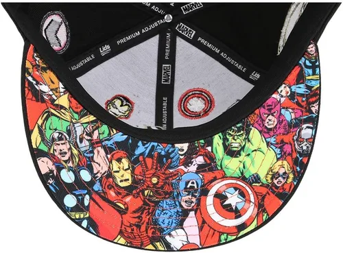 Vista 7 de Marvel 60th Anniversary Comic UV ajustable Snapback Flat Bill Cap negro