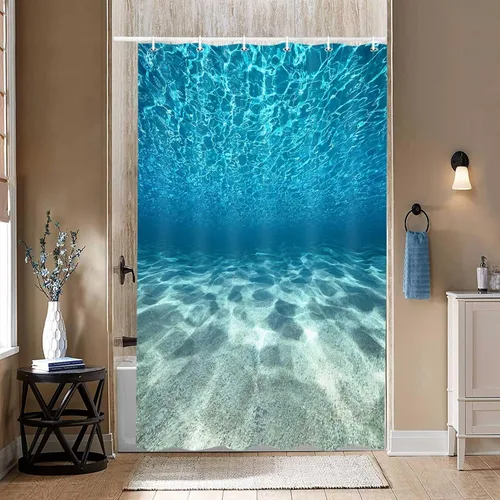 Vista 2 de MERCHR Cortina de ducha de playa azul océano, naturaleza bajo el agua, escena del mundo del mar, cortinas de baño, tela impermeable, 36 x 72 pulgadas