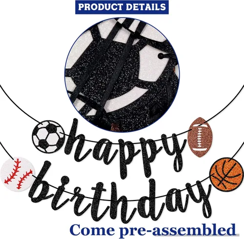 Vista 4 de Cartel deportivo de feliz cumpleaños, pancarta de cumpleaños con purpurina, fútbol, béisbol, fútbol, baloncesto (negro) Sports Birthday Party