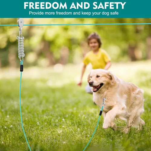 Vista 7 de Correa Corrediza para Perros de 50 Pies para Patio con Cable de Sujeción de 10 Pies - Sistema de Polea Resistente para Perros Grandes de Hasta 250