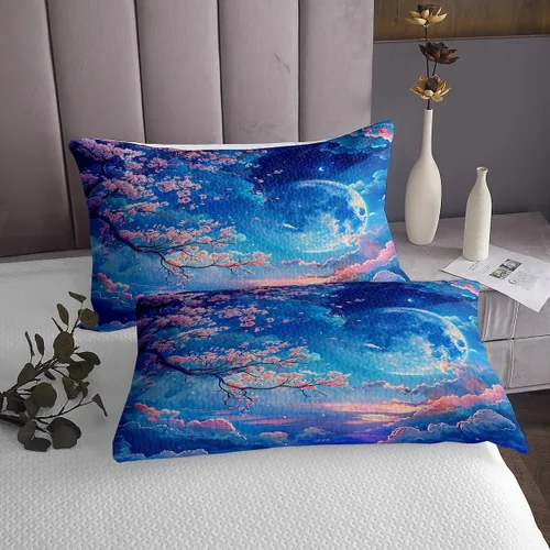 Vista 3 de Manfei Colcha de flores de cerezo tamaño individual, juego de colcha de cielo estrellado de nubes de luna, decoración de habitación para niñas