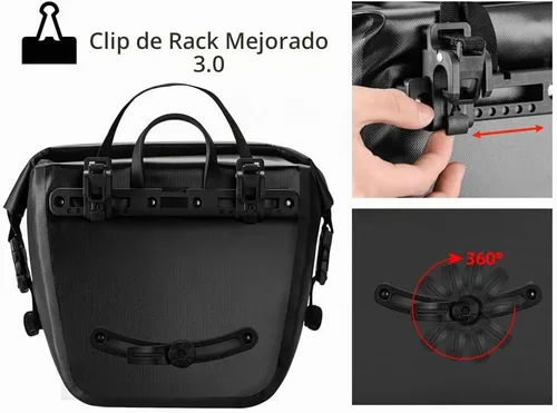 Vista 3 de ROCKBROS Bolsa de alforjas delanteras enrollables Bolsa de rack frontal para bicicleta Paquete de estante resistente con asa de transporte y correa