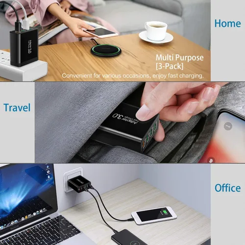 Vista 3 de Cargador de pared 3.0 de carga rápida, bloque de cargador USB de 4 puertos, adaptador de corriente iSeekerKit Multi USB, enchufe de caja de carga