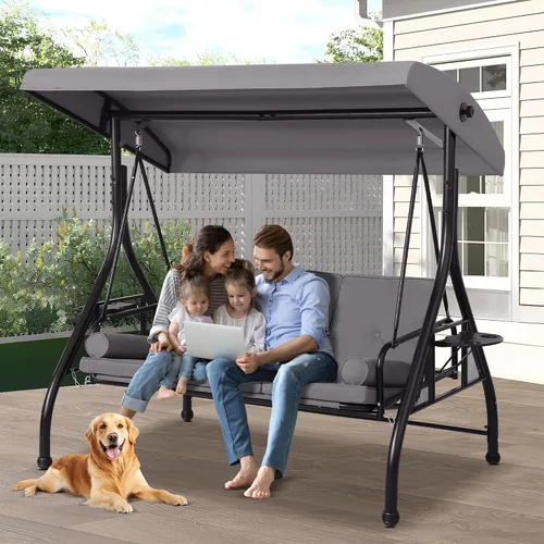 Vista 10 de Columpios de porche con toldo ajustable, cama de columpio para exteriores de 3 asientos, color azul Heavy Duty Porch Glider Bench with Stand