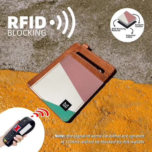 Vista 4 de Cartera delgada minimalista con bloqueo RFID, de cuero, con bolsillo frontal elástico, para mujer, Geometry, Minimalista