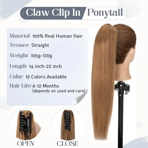 Vista 84 de Rich Choices Extensión de cola de caballo con clip de garra, cabello humano real, una pieza, extensiones de cabello largo Remy para mujer, #18P613