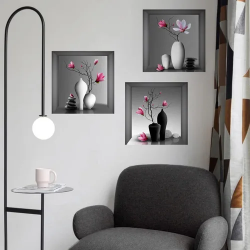 Vista 7 de Calcomanías de pared de jarrón 3D, calcomanías de pared de flores estéreo, decoración floral creativa, decoración de pared extraíble, murales