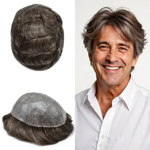 Vista 124 de Toupee para hombre 100% cabello humano real tupé para hombres 0.004 in piel de poliuretano para hombre, sistema de reemplazo de piezas de pelo