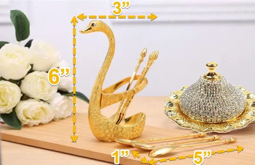 Vista 4 de Swan Spoon Eid - Juego de cubiertos de cuchara pequeña – Cubertería festiva de lujo, decoración moderna con soporte de 7 piezas (dorado)