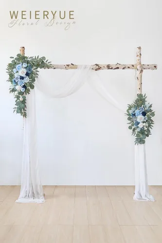 Vista 2 de [Usado] Kit de flores artificiales para arco de boda (paquete de 3), 2 piezas de decoración de arco de flores artificiales, 1 cortina transparente