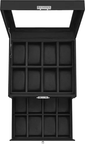 Vista 8 de SONGMICS Caja de reloj de 16 ranuras, caja de reloj con tapa de vidrio, 2 capas, vitrina de reloj con cerradura, cuero sintético negro, forro negro