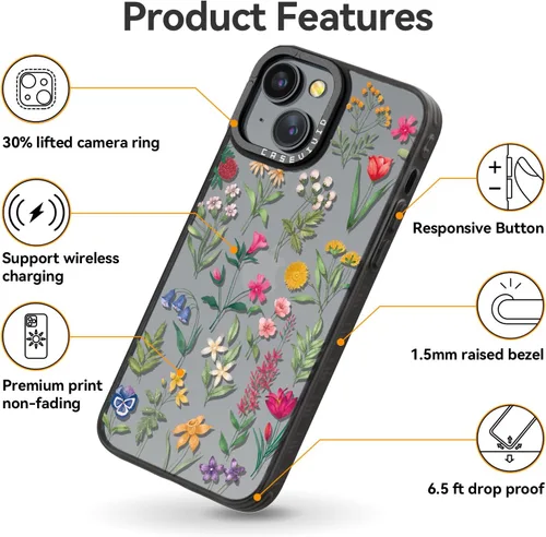 Vista 5 de Carcasa para iPhone 15, diseño de flores naturales, color negro Cute Funny Pattern Design for Girls Women Men, Durable Shockproof 6.1" Phone Case