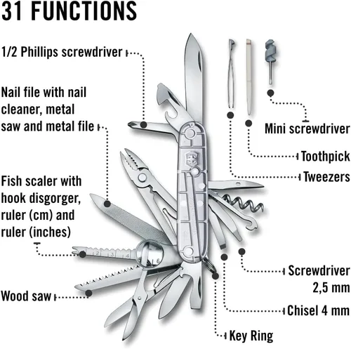 Vista 5 de Victorinox Swiss Champ - Cuchillo suizo del ejército, 33 funciones, navaja de bolsillo de fabricación suiza con hoja grande, destornillador, cincel