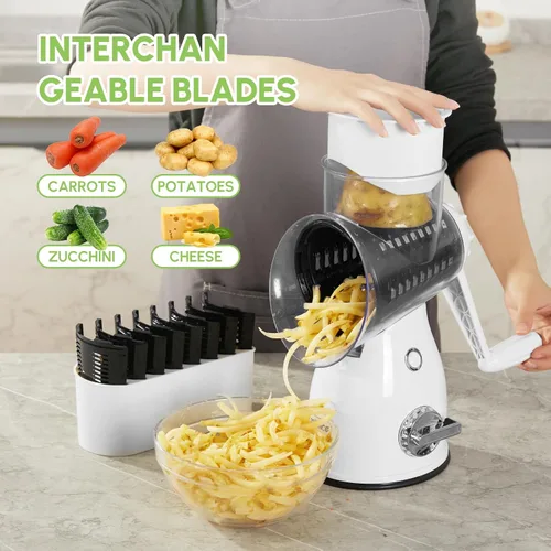Vista 3 de Rallador rotativo de queso con asa, cortador de verduras y triturador de queso con 5 cuchillas de acero inoxidable, base de succión fuerte y caja