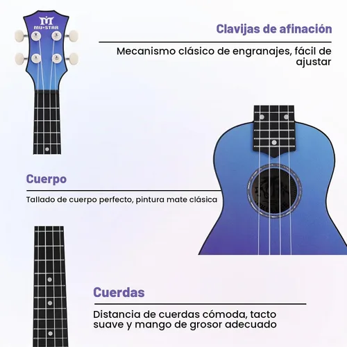 Vista 3 de Ukelele Soprano MUSTAR, Ukelele de Tilo de 21 Pulgadas para Principiantes, Kit de Ukeleles con Bolsa de Concierto, Correa, Púas, Paño, Adhesivo Azul