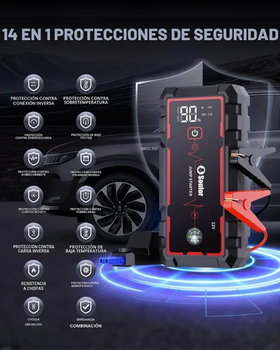 Vista 3 de Arrancador de Batería, Arrancador de Batería Portátil, Arrancador de Batería de Coche con 3 Modos de Linterna, Brújula, Banco de Energía y Cable
