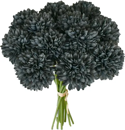 Vista 13 de Mandy's 6 tallos de seda beige Kiku flores de bola Tallos artificiales de crisantemo para decoración del hogar, verano, arreglo floral sintético