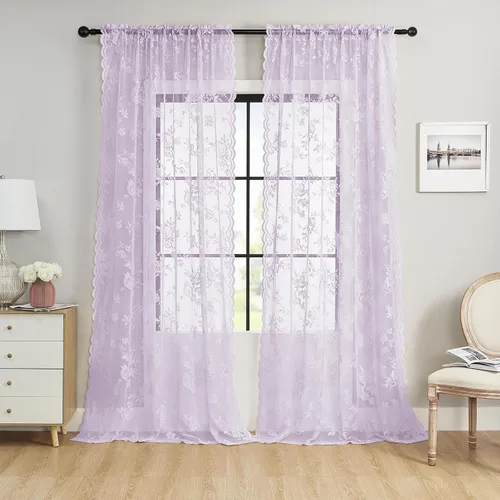 Vista 60 de Cortinas de encaje beige, juego de 2 paneles de cortinas traslúcidas con bolsillo para cortinero, decoración de ventana pequeña, baño, sótano