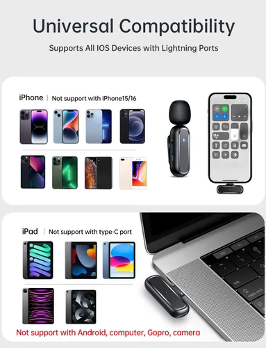 Vista 7 de Micrófono inalámbrico Lavalier para iPhone iPad con estuche de carga 7H Clip en el micrófono de solapa inalámbrico, paquete de 2 micrófonos