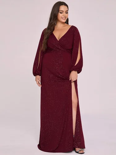 Vista 3 de Ever-Pretty Plus Womens Glitter V-Neck Side Slit Plus Size Evening Dresses with Long Sleeves 70110