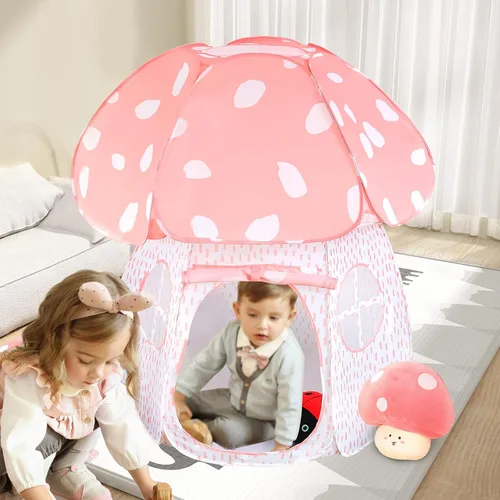 Vista 2 de Carpa de juegos para niños con diseño exquisito Pop Up Carpa para interiores y exteriores Casa de juegos para niños y niñas con diseño de hongo Rosa