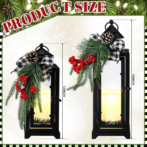 Vista 2 de Baquler 2 faroles de metal negros de Navidad y velas LED falsas de 12 y 15 pulgadas, faroles decorativos con adorno de Navidad para porche