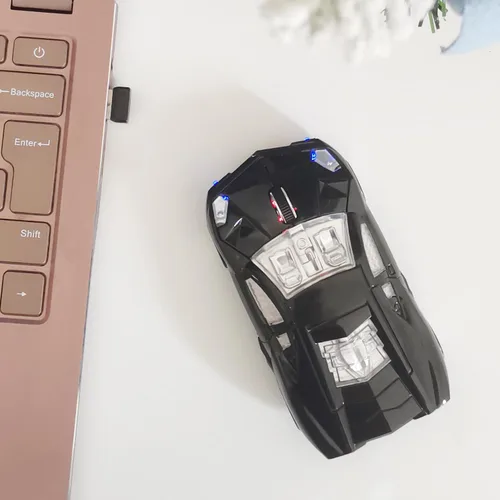 Vista 6 de Ratón inalámbrico, ratón deportivo para automóvil con faros LED, receptor USB, mouse inalámbrico en forma de coche para computadoras, laptop, Mac