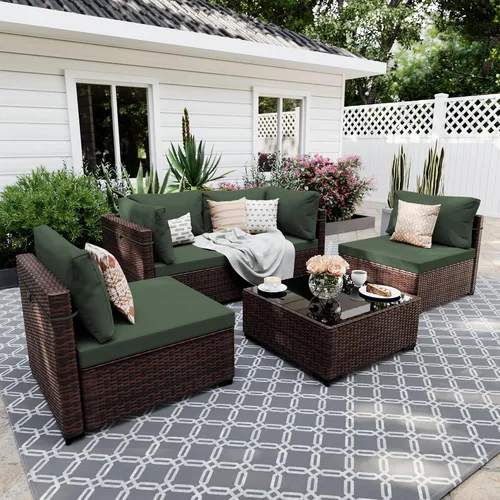Vista 15 de UPHA Juego de muebles de mimbre para patio de 5 piezas con mesa auxiliar Cojín de ratán marrón y beige