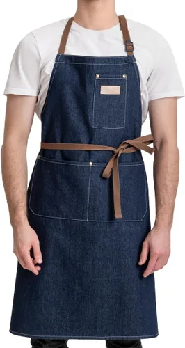 Vista 7 de ROTANET Delantal de trabajo de mezclilla con 3 bolsillos, delantales para chef, estilista, cocina, carpintería, para hombres y mujeres, azul y negro