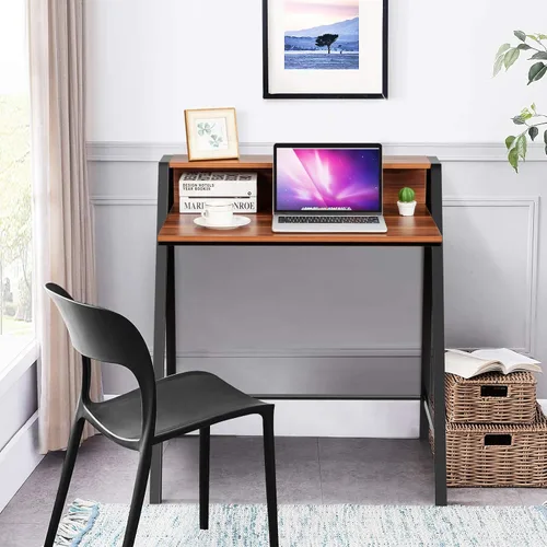 Vista 4 de Tangkula Escritorio pequeño para computadora, escritorio compacto para oficina en casa con marco resistente, mesa de estudio de 2 niveles