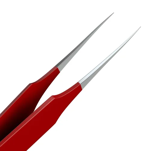 Vista 2 de Pinzas para el cabello encarnado Punta puntiaguda Rojo Acero inoxidable de precisión Extra afiladas y perfectamente alineadas