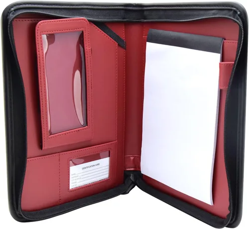 Vista 2 de MSP 10.8 x 8.75 pulgadas tamaño compacto negro cremallera Padfolio con forro rojo Funda para teléfono inteligente, mini soporte para tableta