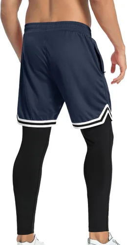 Vista 5 de SILKWORLD Pantalones de correr 2 en 1 para hombre, pantalones deportivos de compresión, leggings de entrenamiento con bolsillos con cremallera