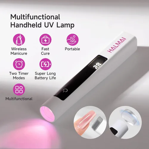 Vista 2 de Halmai Lámpara de uñas UV de mano para esmalte de gel, mini luz roja portátil con LED, secadora USB recargable inalámbrica, herramienta de salón