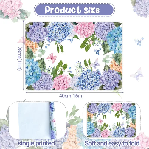 Vista 2 de Manteles individuales desechables de papel, paquete de 50 manteles individuales de hortensias de 16 x 11 pulgadas, manteles individuales florales