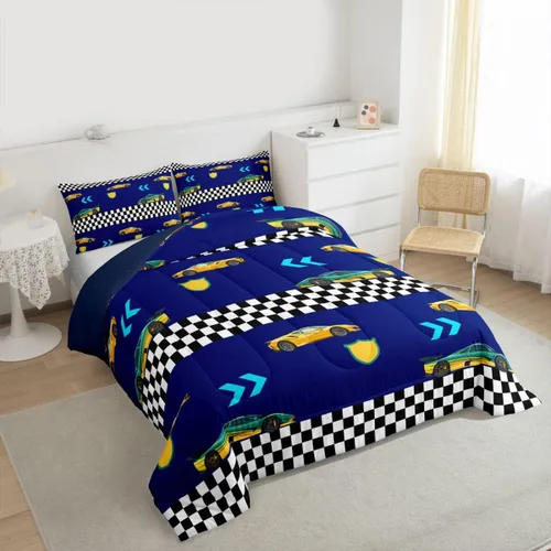 Vista 3 de Feelyou Juego de edredón de coche de carreras, tamaño individual, juego de ropa de cama de coche deportivo de velocidad para niños y niñas, edredón