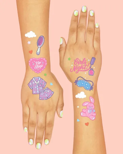 Vista 3 de xo, Fetti Tatuajes temporales de fiesta rosa para niñas – 52 estilos Suministros de fiesta de cumpleaños rosa, recuerdos de bolsa de regalos